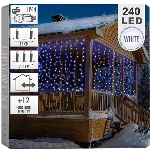 240 LED-es prémium fényfüggöny, 12 fényjátékkal, hideg fehér, 2 x 1,5 m