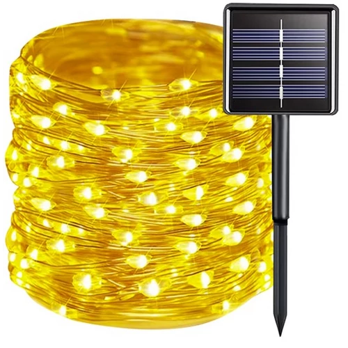 150 micro LED-es, napelemes dekor fényfüzér, meleg fehér, 15m