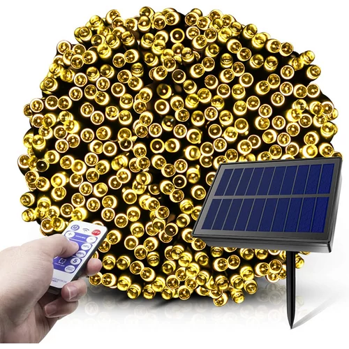 Hybrid tölthető-napelemes 480 LED-es 21m hosszú fényfüzér, meleg fehér, 8 világítási móddal, időzíthető, távvezérlős