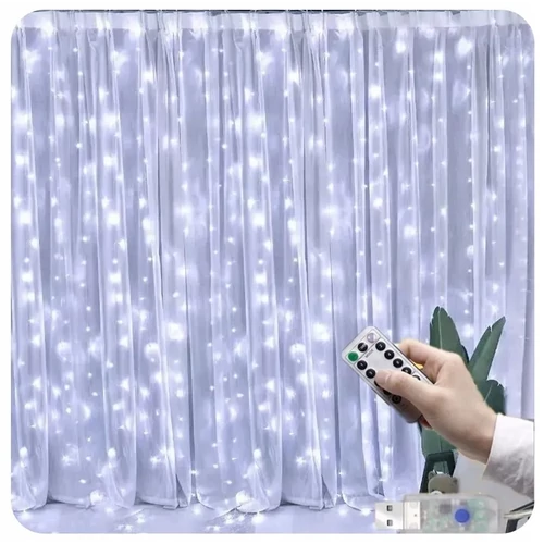 200 micro LED-es USB-s beltéri fényfüggöny, 8 világítási móddal, távirányítóval, hideg fehér