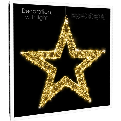 Nagyméretű 960 micro LED-es karácsonyi időzíthető csillag dekor, 38 cm, hálózati adapteres, IP44