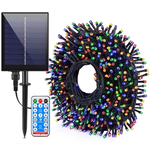 Hybrid tölthető-napelemes 560  LED-es 11,2 m hosszú BOA fényfüzér, színes RGB, 13 világítási móddal, időzíthető, távvezérlős