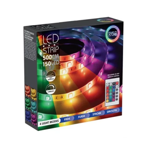 5 m-es 150 RGB LED-es SMD5050 szalag, hálózati adapterrel, távirányítóval, színes, IP44