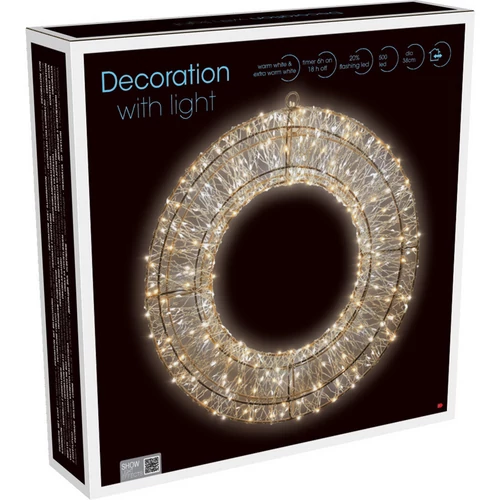 Karácsonyi-adventi XXL 500 extra meleg fehér LED-es koszorú ajtódísz, 38 cm, IP44 hálózati adapteres, időzíthető 8/16 órás, 5+1 féle csillogó fényjátékkal