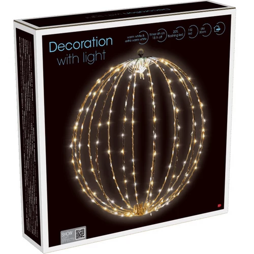 Karácsonyi-adventi 192 extra meleg fehér LED-es gömb, 30 cm, IP44 hálózati adapteres, időzíthető 8/16 órás, 5+1 féle csillogó fényjátékkal