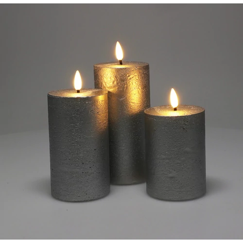 3 db-os LED-es láng hatású adventi gyertya dekor, időzíthető 8/16 órás , meleg fehér láng, szürke, távirányítóval, 10, 12,5, 15 cm 