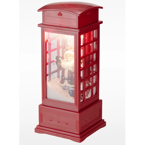 Karácsonyi telefonfülke LED fénnyel, zenével és hófúvással, 105 x 105 x 250 mm
