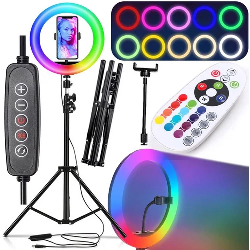 TikTok Állítható okostelefon állvány + selfie gyűrűs LED 100 W RGB lámpa távirányítóval, 210 cm