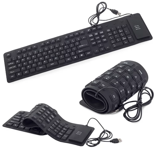 Szilikonos vízálló USB-s összehajtható billentyűzet, 49,5 x 13,5 cm, fekete