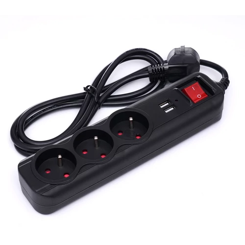 2 USB-s hosszabbító kábel 1,5 m, 3 db aljzattal, kapcsolóval