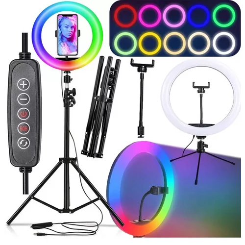 Állítható okostelefon állvány + selfie gyűrűs. LED 120 W RGB lámpa, 210 cm