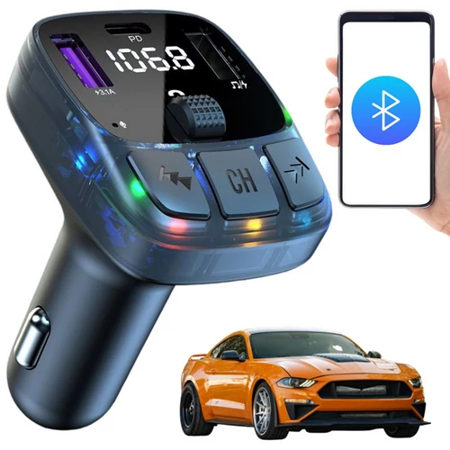 FM transzmitter iOS és Android bluetooth 5.3 kompatibilis RGB világítás autós töltő 2x usb + usb-c VG