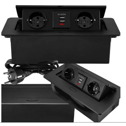 Dupla süllyesztett konyha munkalap elektromos aljzat, 2x230V+2x USB BLACK 2.1A