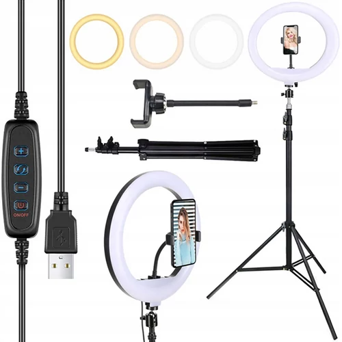 TikTok Állítható okostelefon állvány + selfie 30 cm gyűrűs LED, fehér, 220 cm, 80 W