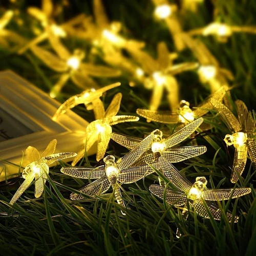 Napelemes dekor szitakötő kerti színes LED fényfüzér, 20 LED-es