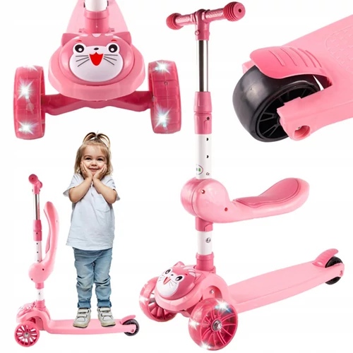 Világító LED-es 3 kerekes álló-ülő roller, gyerekeknek, rózsaszín cicás