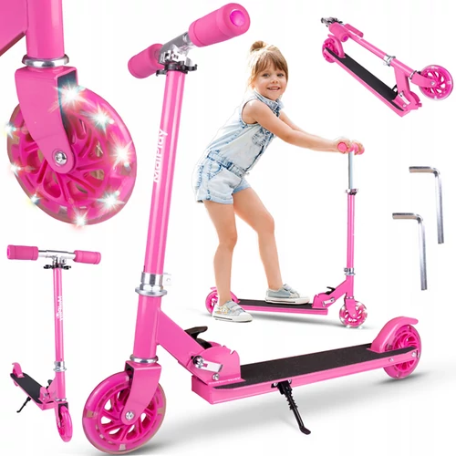 Világító LED kerekes összecsukható roller, gyerekeknek, 50 kg teherbírással, rózsaszín