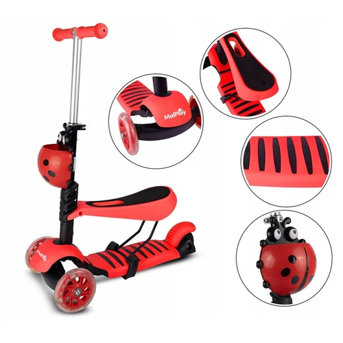 Világító LED-es 3 kerekes Álló-ülő roller, gyerekeknek, katicabogár