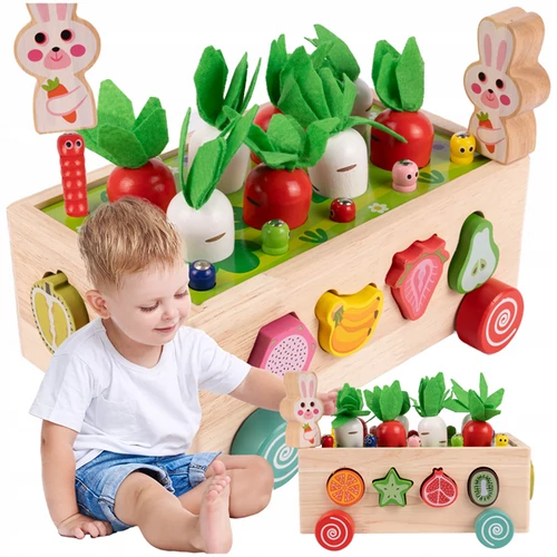 Montessori Mágneses Puzzle Fa Kocka Válogató Kapd el a bogarat! Fa Répakocsi