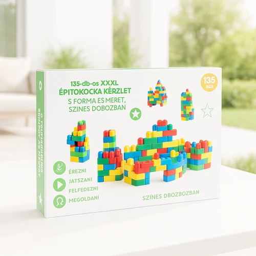 135 db-os XXXL Építőkocka Készlet – 5 Forma és Méret, Színes Dobozban