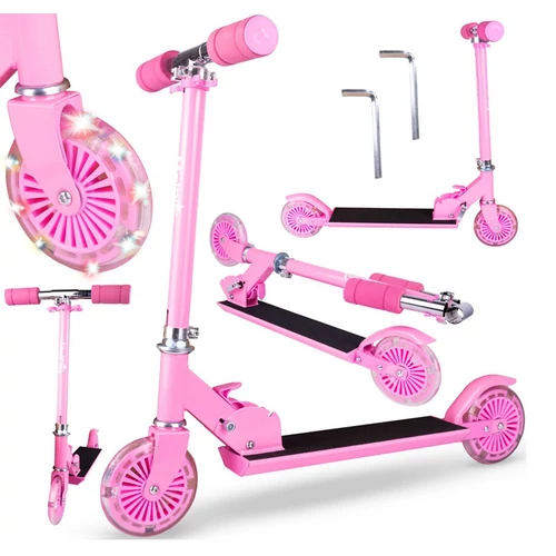 Világító LED kerekes összecsukható roller, gyerekeknek, 50 kg teherbírással, rózsaszín