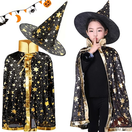 Varázsló köpeny és kalap, jelmez halloweenre fekete csillagos,  26118_L