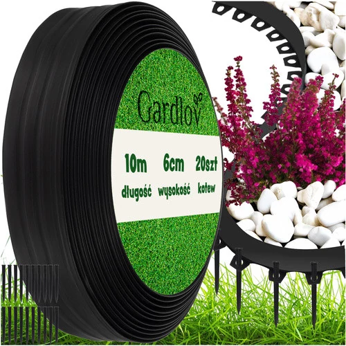 GARDLOV 6 cm x 10 m Fekete Kerti Szegély 20 Rögzítő Tüskével