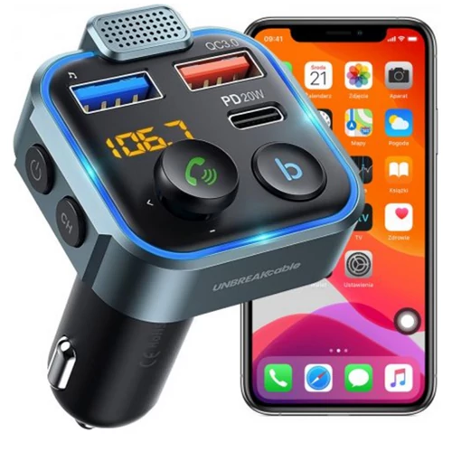 FM transzmitter, iOS és Android bluetooth 5.0 kompatibilis, RGB világítás, autós töltő, 2x usb, RT