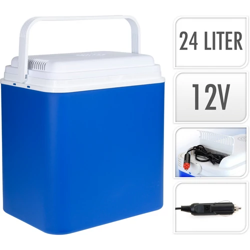Hordozható autós-kemping hűtő 24 literes 12 V-os elektromos hűtőláda, kék-fehér
