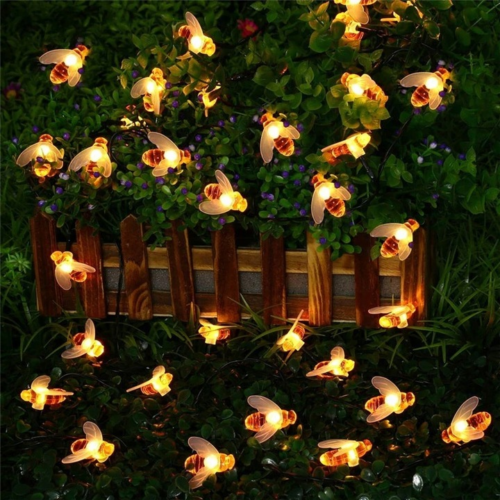 Napelemes méhecske kerti meleg fehér LED fényfüzér, 30 LED-es