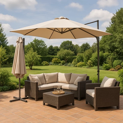 Ambience Függő Gémes Kitekerhető Napernyő, széltörővel, 3 m, Beige, 170 g/m2, UPF30+