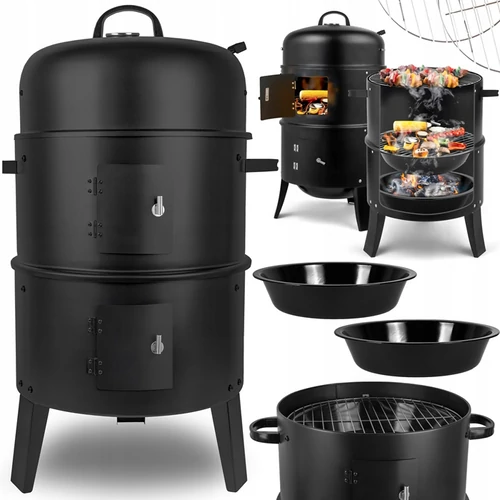 Faszenes grill, kerti füstölő hőmérővel, 3 az 1-ben kandalló