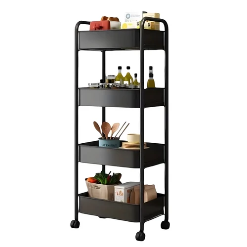 Fürdőszobai-konyhai 4 szintes gurulós tárolópolc, 90 cm magas, fekete
