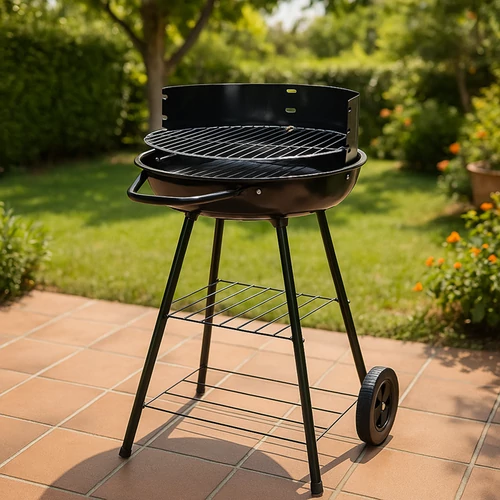 BBQ faszenes grill 40cm átmérővel, kerekekkel és szélfogóval, TUV GS minősítéssel