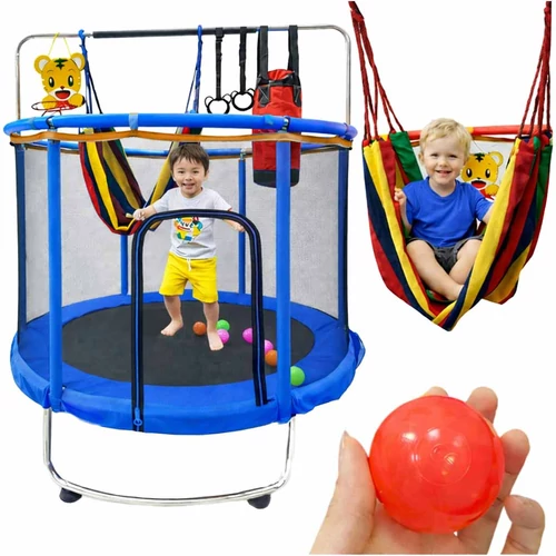 Kék gyermek trambulin 150cm, biztonsági hálóval, kosárlabda palánkkal, 150kg terhelhetőség