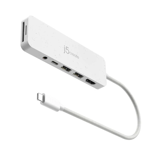 j5create JCD373EW-N, USB C-típus, 3.5mm, HDMI, USB 3.2 Gen 1 (3.1 Gen 1) Type-A, USB C-típus, MicroSD (TransFlash), SD, 5000 Mbit/s, Fehér, 100 W