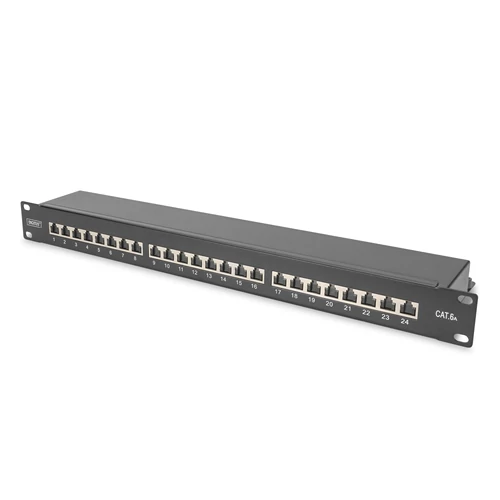 Digitus DN-91624S-EA-B, RJ-45, Cat6a, Rackre szerelhető, 1U, Fekete, Acél
