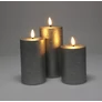 Kép 1/5 - 3 db-os LED-es láng hatású adventi gyertya dekor, időzíthető 8/16 órás , meleg fehér láng, szürke, távirányítóval, 10, 12,5, 15 cm 