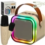 Kép 1/6 - Karaoke szett 2 mikrofon + hordozható hangszóró BLUETOOTH USB LED bézs színben