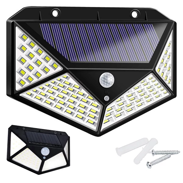 100 LED-es mozgásérzékelős, napelemes LED lámpa, rögzítőkkel, VG