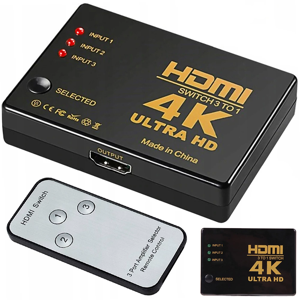 HDMI switch, elosztó – 4K ultra HD / 3 db csatlakozóval, távirányítóval