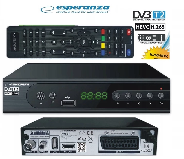 Esperanza DVB-T2 H.265/HEVC dekóder HDMI csatlakozóval Digitális Földi TV-vevőegység, EV106P