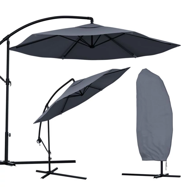 Függő Gémes Kitekerhető Napernyő, 3 m, szürke, takaróponyvával, 230g/m2