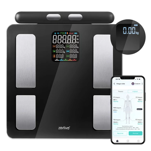 Zortiva okosmérleg, 8 elektróda, BIA, BMI, testzsír mérés, applikáció, fogantyú, 180kg