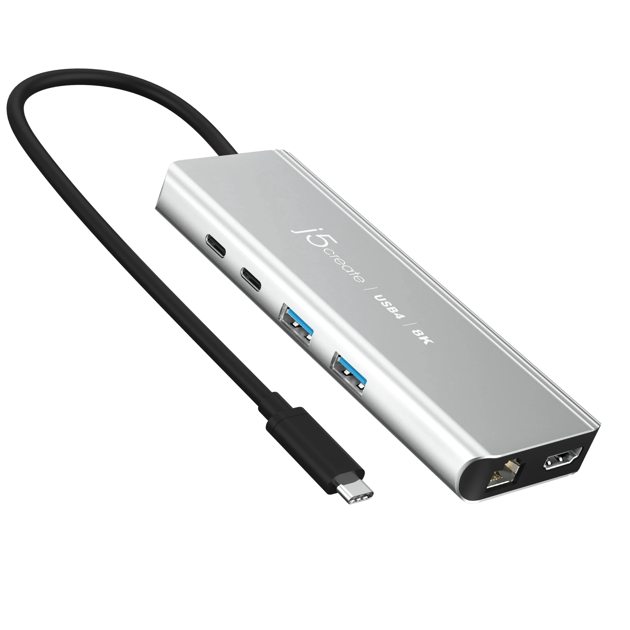 j5create JCD403-N, USB C-típus, HDMI, RJ-45, USB 3.2 Gen 2 (3.1 Gen 2) Type-A, USB 3.2 Gen 2 (3.1 Gen 2) Type-C, 10000 Mbit/s, 3840 x 2160, 7680 x 4320, 7680 x 4320 pixelek, Szürke