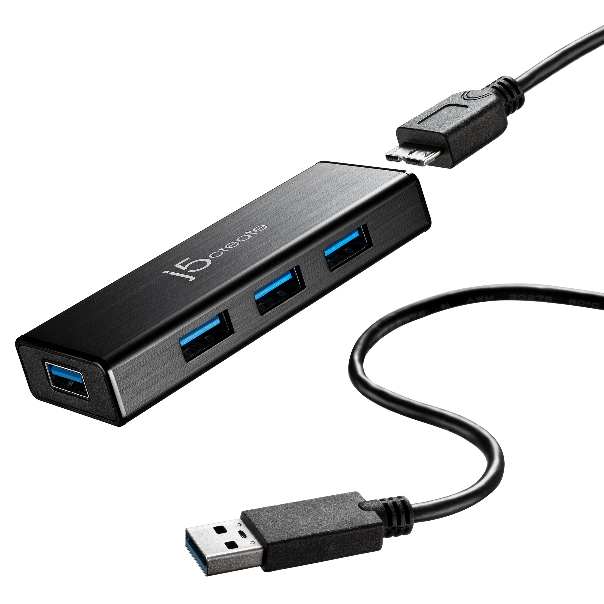 j5create JUH340, USB 3.2 Gen 1 (3.1 Gen 1) Micro-B, USB 3.2 Gen 1 (3.1 Gen 1) Type-A, 5000 Mbit/s, Fekete, Alumínium, 0,6 M