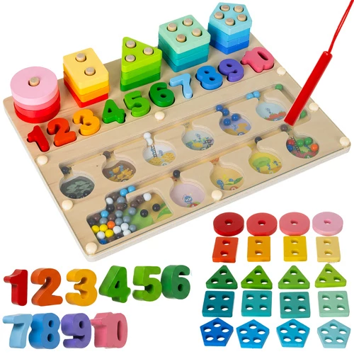 Fából 3 az 1-ben Montessori Oktatójáték - Mágneses Labirintus, Figurák és Számok, Aktivitási Táblával, 30×22,5 cm