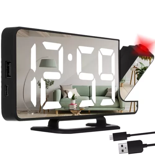 Led Ébresztőóra Kivetítővel, Tükörrel, 18.5x7.5x4cm, 5 Fényerő, USB-C